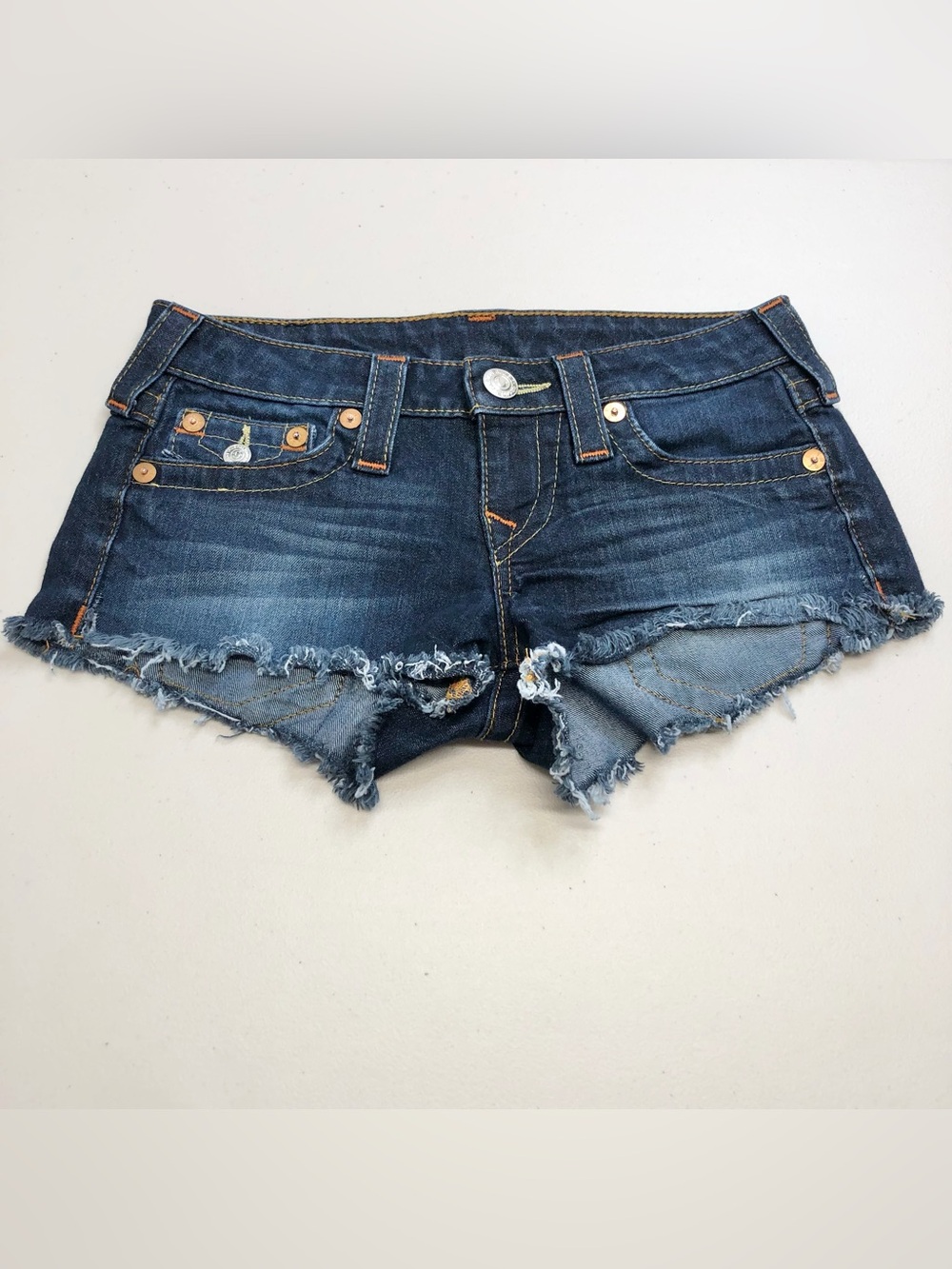 TRUE RELIGION Women's Cut-off Embroidered Frayed Dark Blue Jean Shorts Sz 25 USA